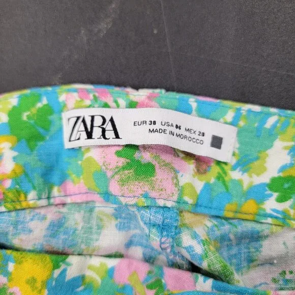 Zara Linen Blend Floral Cropped Flare Pants Size 6 Vacation Beach Cruise Summer - Picture 3 of 9